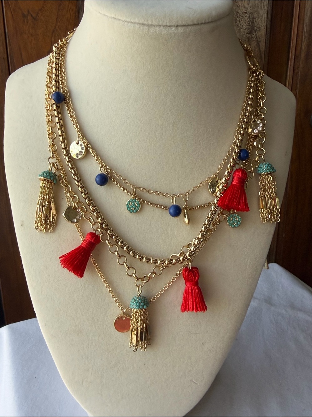 Jessica Simpson Gold Tone Tassel Statement Necklace Red Blue Turquoise Charms